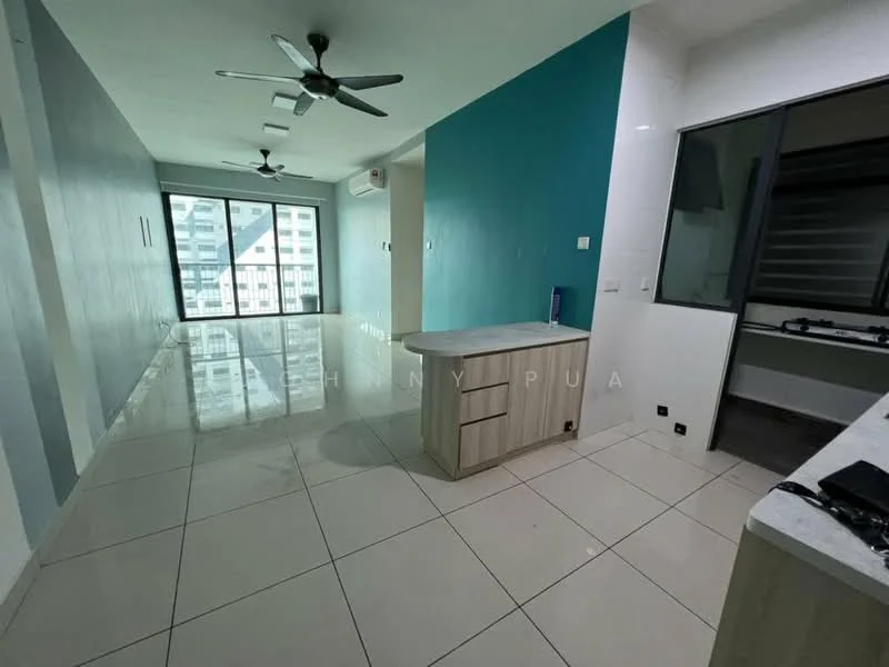 Living features: white painted walls, turquoise accent wall, glossy tile flooring, floor-to-ceiling windows, 2 ceiling fans, open layout, kitchen island, natural light, air conditioning unit; style: modern; view: city. Kitchen features: white cabinetry, countertop, kitchen appliances visible, window, open layout; style: modern.