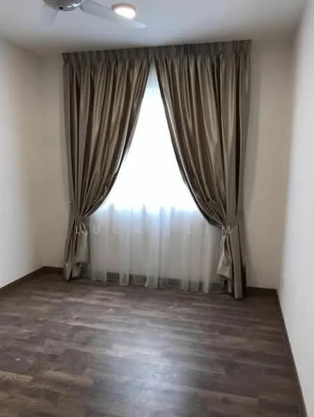 Room features: wooden flooring, white painted walls, floor-to-ceiling window, sheer curtains, heavy drapes, ceiling light, ceiling fan; style: modern.