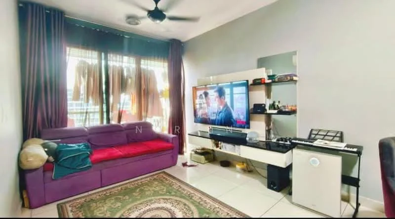 Living features: purple fabric sofa, area rug with intricate pattern, wall-mounted TV, TV console, black shelving unit, ceiling fan, large windows with sheer curtains, decorative pillows, piano keyboard; style: modern.