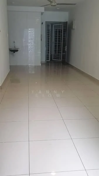 Room features: white painted walls, glossy ceramic tile flooring, ceiling fan, single-bowl stainless-steel sink, sliding glass door, natural light from windows, open layout, neutral color scheme; style: modern.