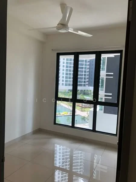 Room features: white painted walls, glossy tile flooring, 5-blade ceiling fan, floor-to-ceiling windows, black window frames, city view, natural light, neutral color scheme; style: modern; view: city.