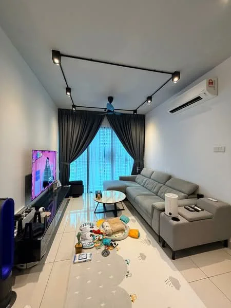 Living features: grey fabric sectional sofa, round coffee table, wall-mounted TV, white painted walls, recessed downlights, 5-blade ceiling fan with light, floor-to-ceiling windows, blackout curtains, white tiled flooring, decorative area rug, decorative items on the floor; style: modern; view: city.