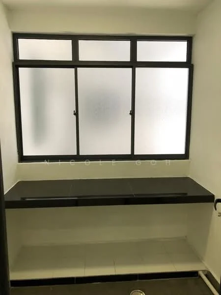 Laundry features: black countertop, white walls, frosted glass windows, tile flooring, built-in shelf, sink with faucet, drainage outlet; style: modern.