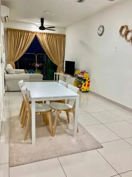 Living features: white walls, cream curtains, 5-blade ceiling fan, wall-mounted TV, light-colored sofa, white dining table, 4 white chairs, area rug, tile flooring, decorative wall clock, colorful children's toys, open balcony view; style: modern; view: city.