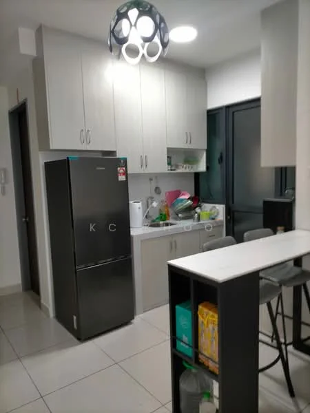Kitchen features: black stainless-steel fridge, white cabinetry with grey accents, white countertop, ceramic tile flooring, pendant light fixture, sink, kitchen island with bar stools, window with natural light, kitchen appliances visible, dish rack, kettle, cutting board, various kitchen utensils; style: modern.