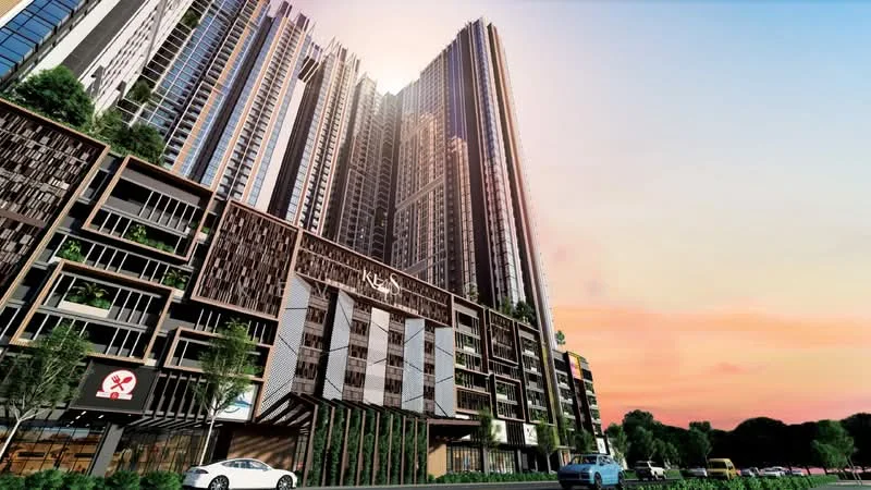Exterior type: high-rise condominium; features: glass curtain wall, exposed concrete facade, recessed balconies, feature lighting at night, manicured landscaping, multi-storey car park, double-volume main lobby, porte cochère drop-off; style: modern.