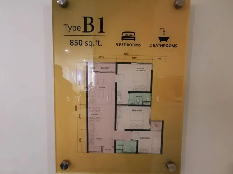 Floor plan: 3-bedroom 2-bathroom unit; features: layout with living and dining areas, master bedroom with ensuite bathroom, balcony off living room, utility room, separate kitchen, bedroom 2 with shared bathroom, bedroom 3, central foyer.