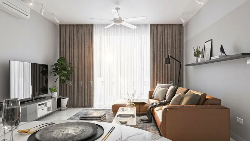 Living features: 3-seater brown leather sofa, 2-seater fabric sofa in grey, coffee table with marble top, TV console in white with storage, wall-mounted flat-screen TV, floor lamp with black shade, area rug with geometric pattern, 5-blade ceiling fan with light, floor-to-ceiling windows with sheer curtains, decorative wall shelf, indoor plant in ceramic pot, decorative artwork on wall; style: modern.