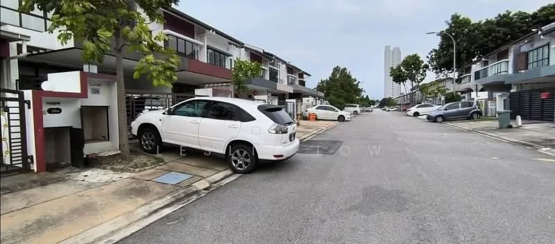 Exterior type: linked terrace house; features: two-storey linked terrace houses, paved driveway, manicured landscaping, street view with parked cars, sidewalks, trees lining the street, modern architectural design, visible neighboring houses, urban residential area; style: modern.