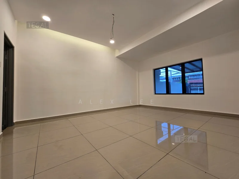 Room features: white painted walls, polished ceramic tile flooring, recessed downlights, large window, neutral ceiling, open layout, no visible furniture, smooth ceiling; style: modern.