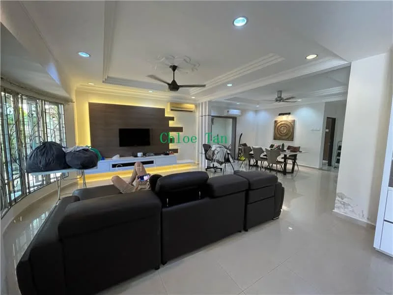 Living features: 3-seater leather sofa in black, ceiling fan with light, wall-mounted TV, TV console, recessed downlights, cream painted walls, marble tile flooring, large windows with sheer curtains, decorative wall panel with backlighting, area rug with geometric pattern; style: modern; view: garden. Dining features: 6-seater dining table, upholstered dining chairs, decorative wall art; style: modern.