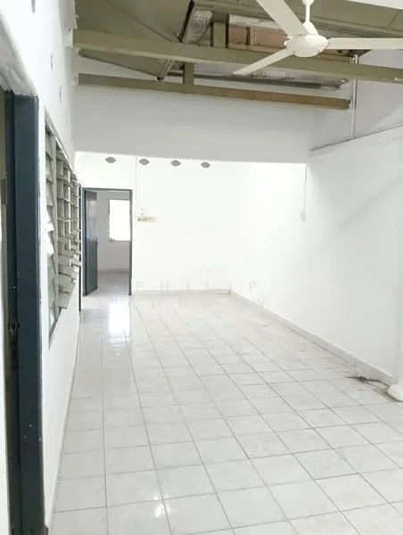 Room features: white painted walls, glossy ceramic tile flooring, exposed beams on ceiling, ceiling fan, large windows, open layout, neutral color scheme, no visible furniture; style: minimalist.