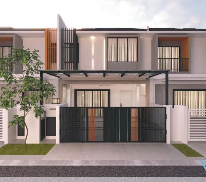 Exterior type: linked terrace house; features: two-storey building, white painted facade, black metal gate, glass windows with black frames, balconies with black railings, manicured lawn, paved driveway, modern architectural design, horizontal wooden accents, covered car porch; style: modern.