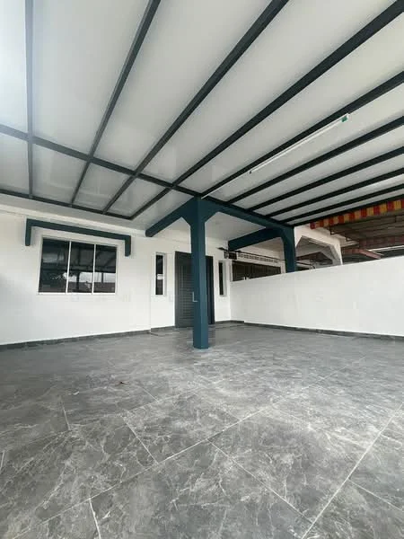 Exterior features: covered patio, grey marble tile flooring, white painted walls, black metal frame structure, large windows, single door, open space; style: modern.