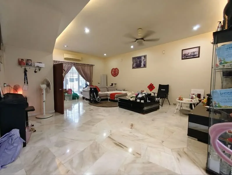Living features: marble tile flooring, cream painted walls, recessed downlights, 5-blade ceiling fan, floor-to-ceiling windows, sheer curtains, blackout curtains, sofa, coffee table, TV console, decorative wall art, air conditioning unit, open space layout; style: modern.