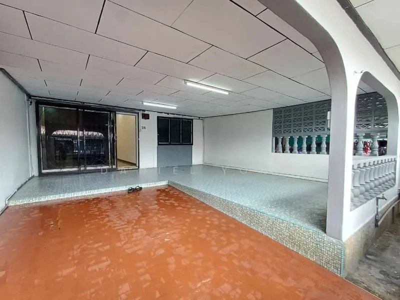 Room features: grey tiled flooring, white painted walls, drop ceiling with fluorescent lighting, sliding glass door, exposed brick wall, decorative railing, open space layout, waterproof flooring; style: modern.