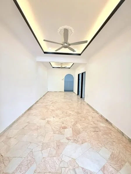 Room features: marble flooring, white painted walls, tray ceiling, recessed LED downlights, 5-blade ceiling fan, arched doorway, two sliding glass doors, neutral color scheme; style: modern.