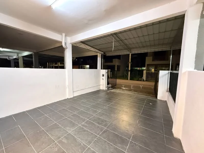 Exterior features: covered parking area, grey tiled flooring, white painted walls, metal gate, overhead shelter, outdoor lighting; style: modern.