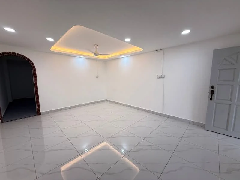 Room features: white painted walls, recessed ceiling with LED strip lighting, 5-blade ceiling fan with light, glossy ceramic tile flooring, arched doorway, no visible furniture or decor; style: modern.