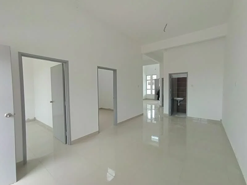 Room features: white painted walls, glossy ceramic tile flooring, ceiling with recessed lighting, multiple doorways, large windows for natural light, neutral color scheme, open layout, high ceiling; style: modern.