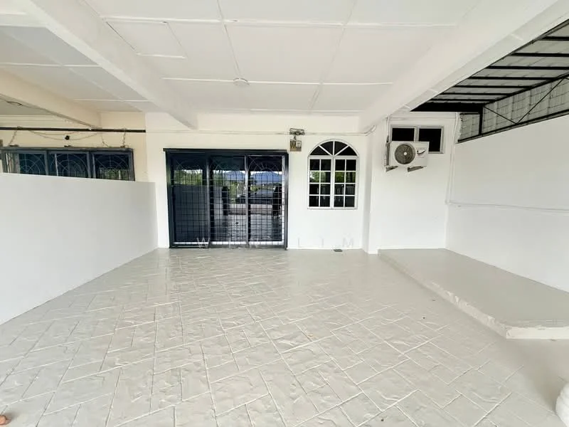 Room features: white painted walls, textured tile flooring, exposed ceiling, window with grid pattern, security grille door, wall-mounted air conditioning unit, open layout, natural light from windows; style: modern.