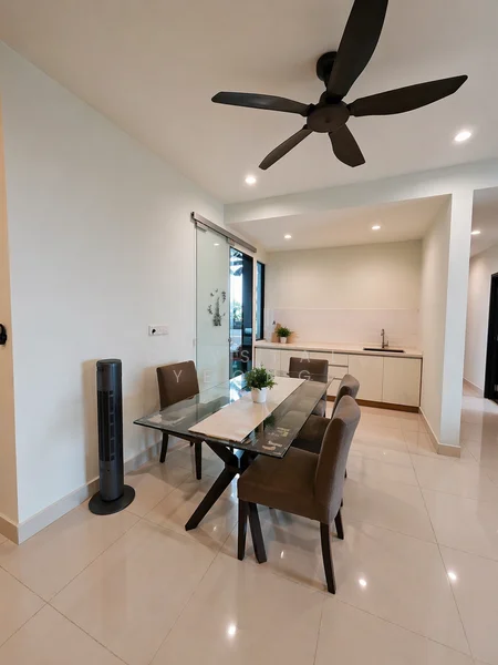 Dining features: glass dining table, 4 upholstered dining chairs in brown, pendant light, wall-mounted sliding door, white walls, cream tiled flooring, recessed downlights, kitchen area visible in background, single-bowl stainless-steel sink, kitchen cabinetry, countertop, ceiling fan; style: modern.