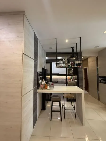 Kitchen features: white quartz countertop, stainless-steel sink, chrome pull-down faucet, black cabinetry, open shelving, built-in refrigerator, built-in oven, pendant lighting, tile flooring, wall-mounted cabinets, bar stools, glass display shelves; style: modern.