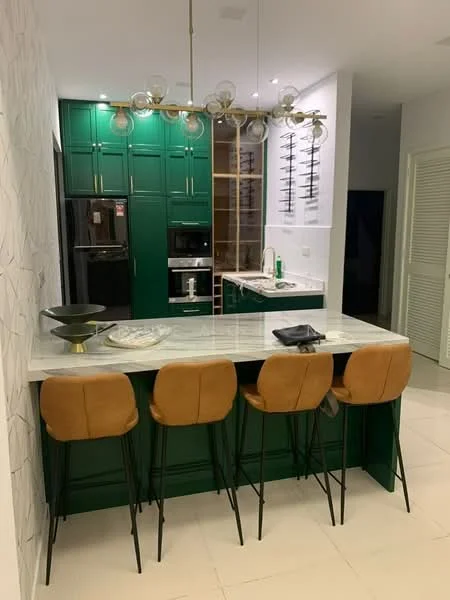 Kitchen features: green cabinetry, marble countertop, stainless-steel refrigerator, built-in microwave, wine rack, chrome pull-down faucet, single-bowl stainless-steel sink, bar stools with tan upholstery, pendant lighting, white tiled backsplash, ceramic tile flooring, open shelving, built-in oven, kitchen island; style: modern.