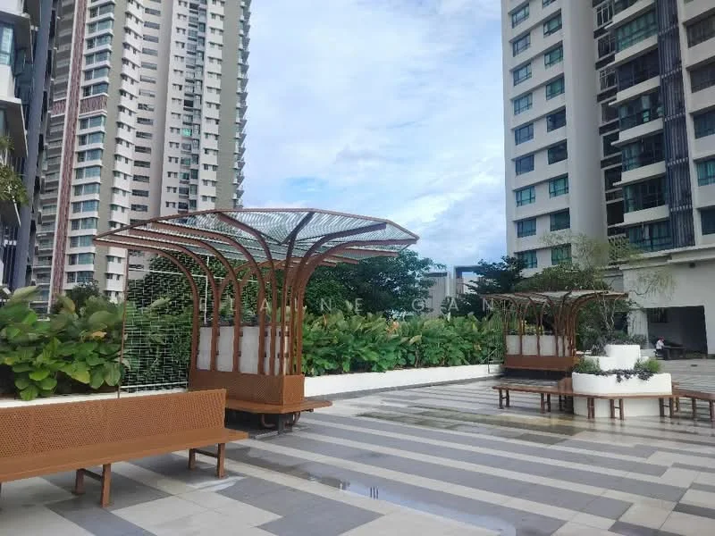 Exterior type: landscape garden; features: decorative pergolas, wooden benches, manicured greenery, paved walkway, surrounding high-rise buildings, cloudy sky, landscaped garden area; style: modern.