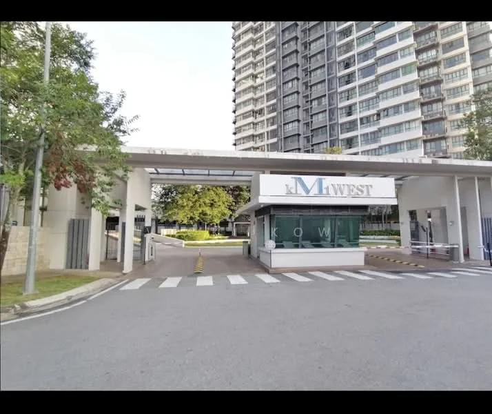 Exterior type: high-rise condominium; features: glass entrance with security booth, paved driveway, landscaped garden, surrounding greenery, multiple-storey building, modern facade, signage with 'M1WEST', pedestrian crosswalk; style: modern.