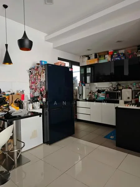 Kitchen features: black stainless-steel fridge, white cabinets, countertop with clutter, microwave, built-in oven, ceramic tile flooring, pendant light fixture, kitchen island with seating, various kitchen appliances, open shelving, multiple storage containers, window with natural light; style: modern.