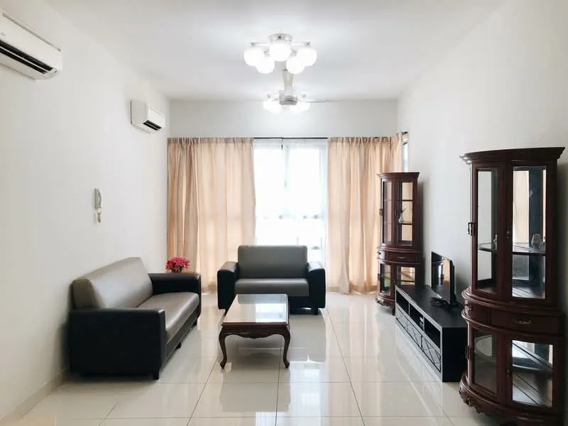 Living features: 2-seater fabric sofa in grey, 3-seater leather sofa in black, glass coffee table, TV console, wall-mounted TV, curtains in beige, floor-to-ceiling windows, 1 wall-mounted split AC, recessed ceiling lights, polished ceramic tile flooring, decorative plant in ceramic pot, wooden display cabinet; style: modern.