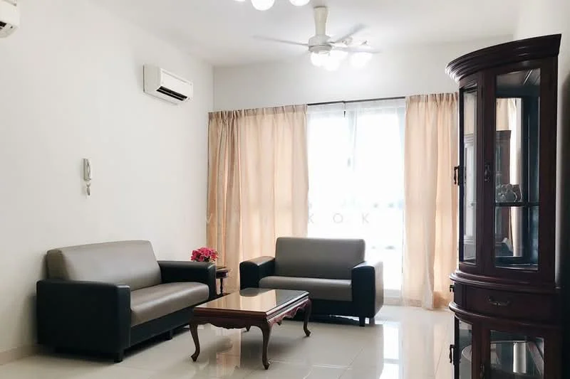 Living features: 2-seater fabric sofa in grey, 3-seater leather sofa in black, wooden coffee table, floor-to-ceiling windows, sheer curtains, wall-mounted split AC, recessed downlights, glossy tile flooring, decorative cabinet, wall-mounted intercom; style: modern.