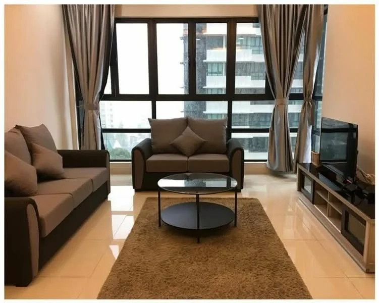 Living features: 2-seater fabric sofa in grey, 3-seater fabric sofa in grey, glass coffee table, area rug with neutral color, floor-to-ceiling windows, sheer curtains, wall-mounted TV, TV console with storage, polished tile flooring, decorative cushions, city view; style: modern; view: city.