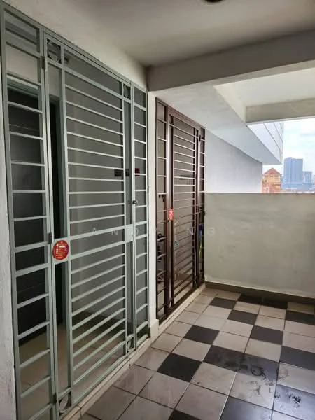 Room features: grilled security doors in grey and brown, tiled flooring in black and white checker pattern, white painted walls, overhead ceiling, window with view of city skyline; style: modern; view: city.