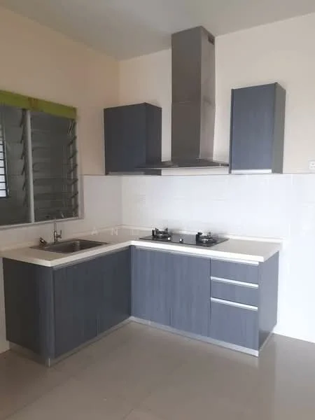 Kitchen features: L-shaped kitchen layout, grey cabinetry, white countertop, stainless-steel sink, chrome pull-down faucet, built-in gas hob, stainless-steel range hood, white tiled backsplash, ceramic tile flooring, window with metal grille; style: modern.