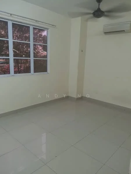 Room features: white painted walls, glossy ceramic tile flooring, ceiling fan, 1 wall-mounted split AC, floor-to-ceiling windows, natural light from windows; view: garden.