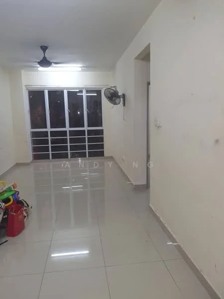 Room features: white painted walls, glossy ceramic tile flooring, ceiling fan, wall-mounted air conditioning unit, large windows with sliding glass doors, neutral color scheme, open layout, visible toys in corner; style: modern.