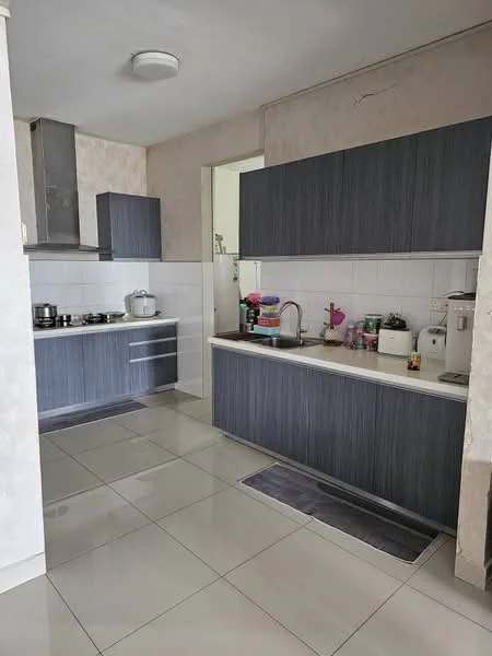 Kitchen features: dark wood cabinetry, white tiled backsplash, white countertop, stainless-steel sink, chrome pull-down faucet, built-in stove, exhaust hood, microwave, kettle, toaster, ceramic tile flooring, recessed ceiling lights, open layout; style: modern.