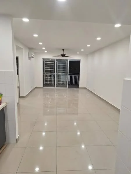 Living features: white painted walls, glossy ceramic tile flooring, recessed LED downlights, 5-blade ceiling fan, floor-to-ceiling windows, sliding glass door, balcony access, air conditioning unit; style: modern.