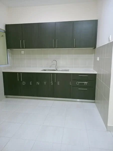 Kitchen features: dark wood cabinetry, white countertop, single-bowl stainless-steel sink, chrome pull-down faucet, ceramic tile backsplash, grey tiled walls, light grey floor tiles, under-cabinet lighting; style: modern.