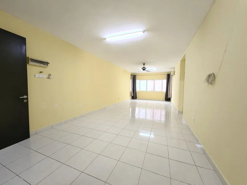 Room features: white painted walls, glossy white tile flooring, ceiling with fluorescent lights, 1 ceiling fan, large window with natural light, curtains, power outlet, wall-mounted AC unit, no visible furniture; style: minimalist.
