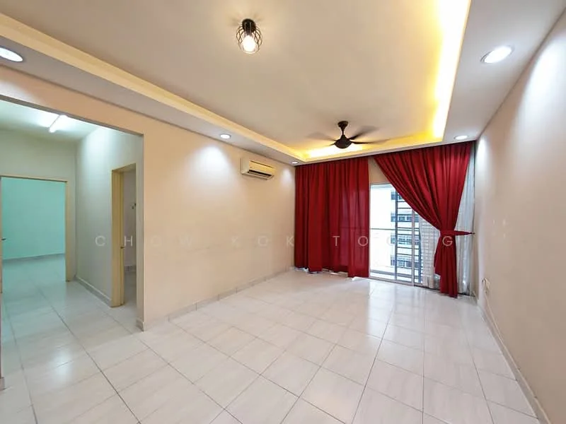 Living features: white painted walls, tray ceiling with recessed lighting, 5-blade ceiling fan with light, large sliding glass door, floor-to-ceiling windows, red curtains, white tiled flooring, air conditioning unit; style: modern; view: city. Room features: white painted walls, white tiled flooring, doorway leading to another room.
