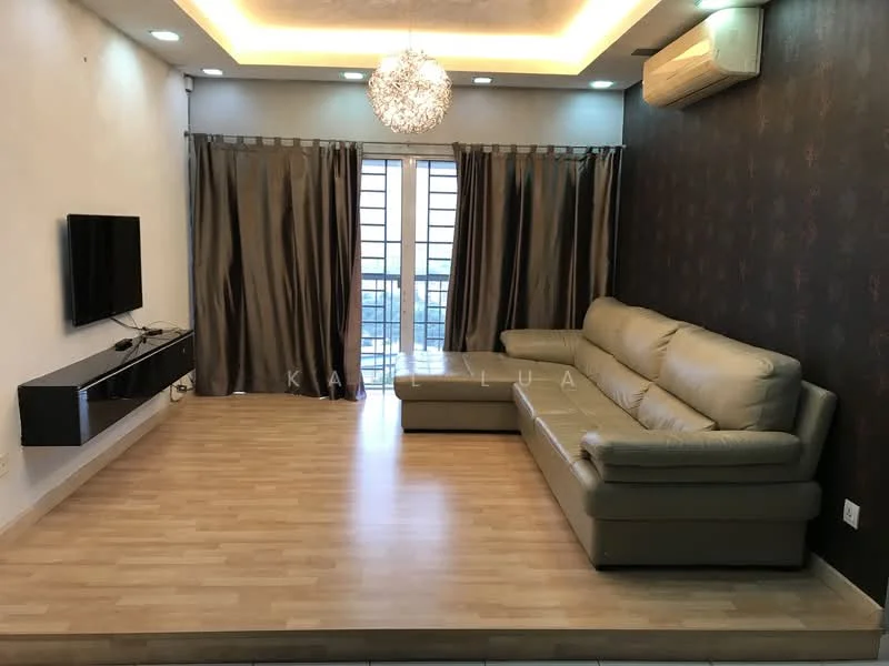 Living features: L-shape sectional sofa in beige, wooden flooring, wall-mounted TV, black TV console, chandelier, recessed downlights, floor-to-ceiling windows, curtains in grey, accent wall with dark pattern, air conditioning unit; style: modern; view: city.