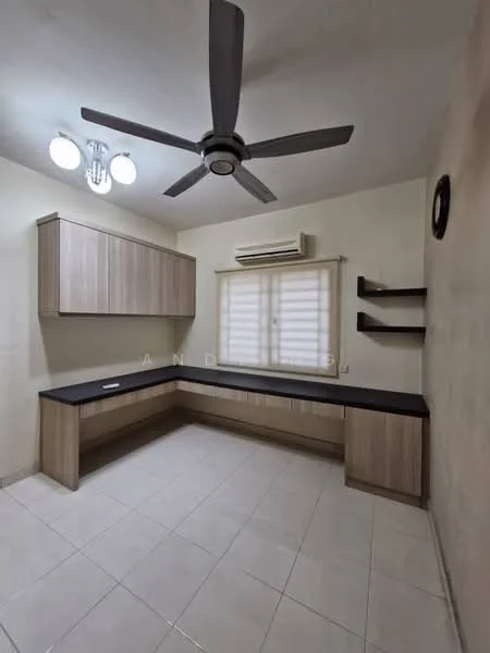 Room features: light-colored painted walls, tile flooring, ceiling fan, recessed ceiling lights, built-in cabinetry with wood finish, black countertop, window with blinds, wall-mounted shelf; style: modern.