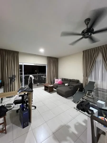 Living features: grey L-shape sectional sofa, wood coffee table, 2 lounge chairs, floor-to-ceiling windows, sheer curtains, dark brown curtains, white walls, tile flooring, 5-blade ceiling fan with light, decorative throw pillows, pet bed, computer desk with chair, wireless headset, small side table; style: modern.