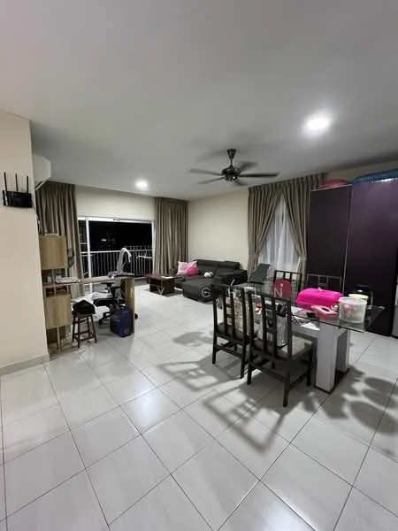 Living features: light grey tiled flooring, white painted walls, 5-blade ceiling fan with light, floor-to-ceiling windows, sheer curtains, dark brown sofa, wooden coffee table, wooden dining table with chairs, built-in wardrobe, decorative items on table; style: modern.