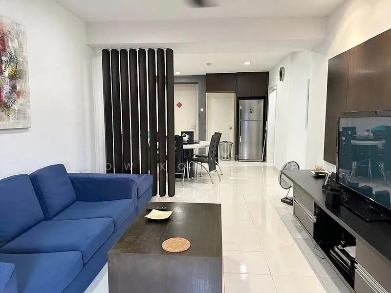 Living features: blue fabric sofa, wood coffee table, wall-mounted TV, black TV console, white painted walls, glossy white tile flooring, ceiling fan, decorative artwork, black vertical slats partition, dining area visible in background; style: modern.