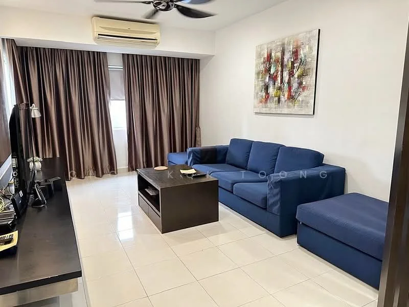 Living features: 3-seater fabric sofa in blue, 1-seater fabric chair in blue, coffee table in dark wood, TV console in dark wood, wall-mounted TV, white painted walls, cream curtains, recessed downlights, floor-to-ceiling window, air conditioning unit, polished ceramic tile flooring, decorative artwork on wall; style: modern.