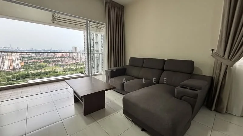 Living features: L-shape sectional sofa in grey, coffee table, floor-to-ceiling windows, curtains, tile flooring, city view from balcony, wall-mounted TV, decorative wall; style: modern; view: city.